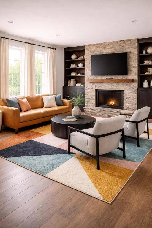 a living room with a couch and a fireplace at Radcliffe Ride Out Modern Bella Vista Retreat- Game Room, Fire Pit, Pet Friendly - Sleeps 10 in Bella Vista