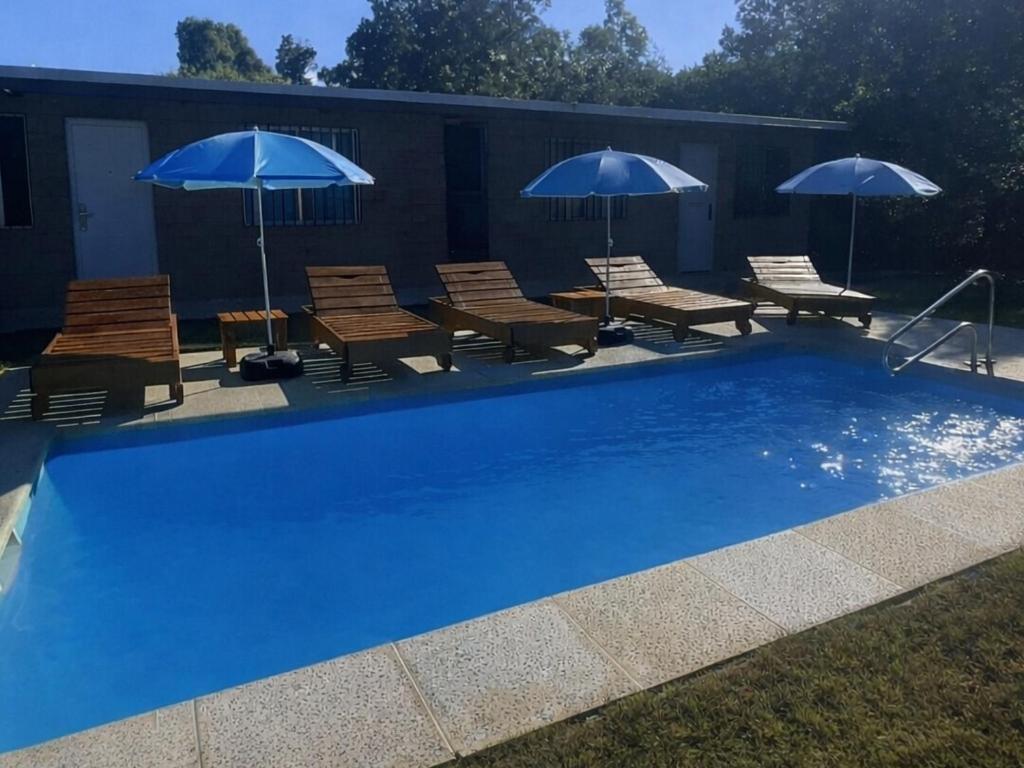 a swimming pool with chairs and umbrellas at Complejo San Luis in San Luis