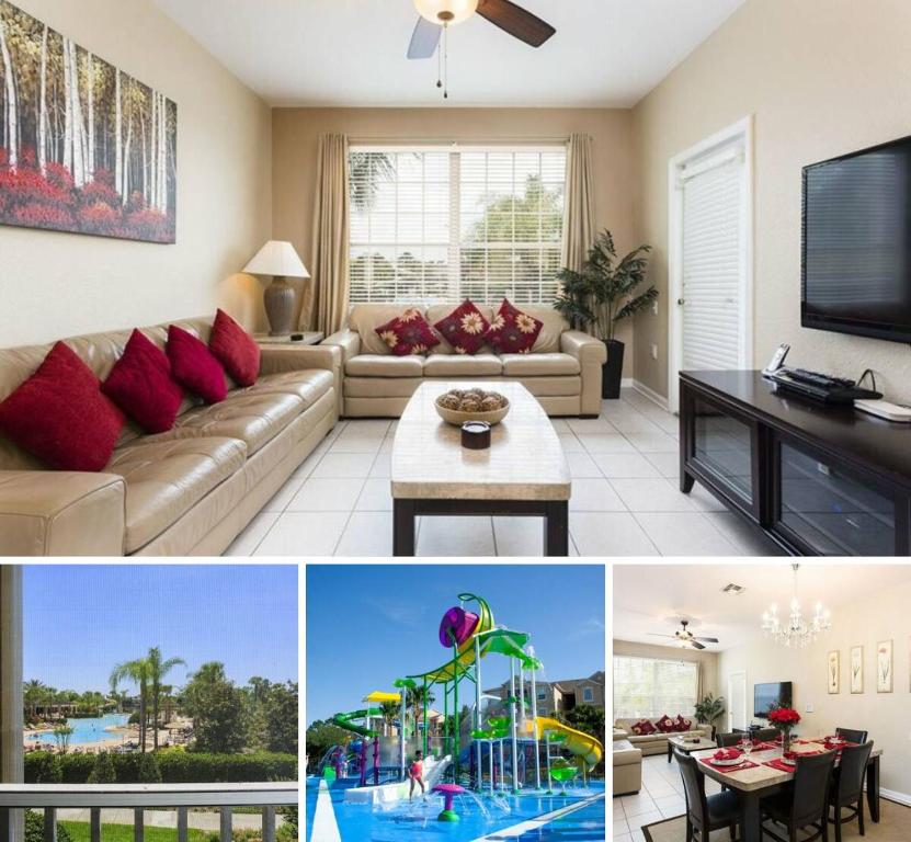 a collage of three pictures of a living room at Fantastic Condo - 2 Miles from Disney Pool View Windsor Hills in Orlando
