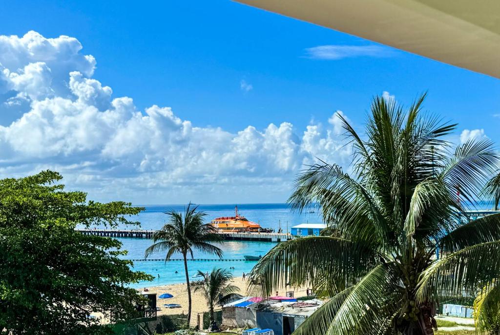 a view of a beach with palm trees and a pier at Grand Boréna Hotel Boutique in Playa del Carmen