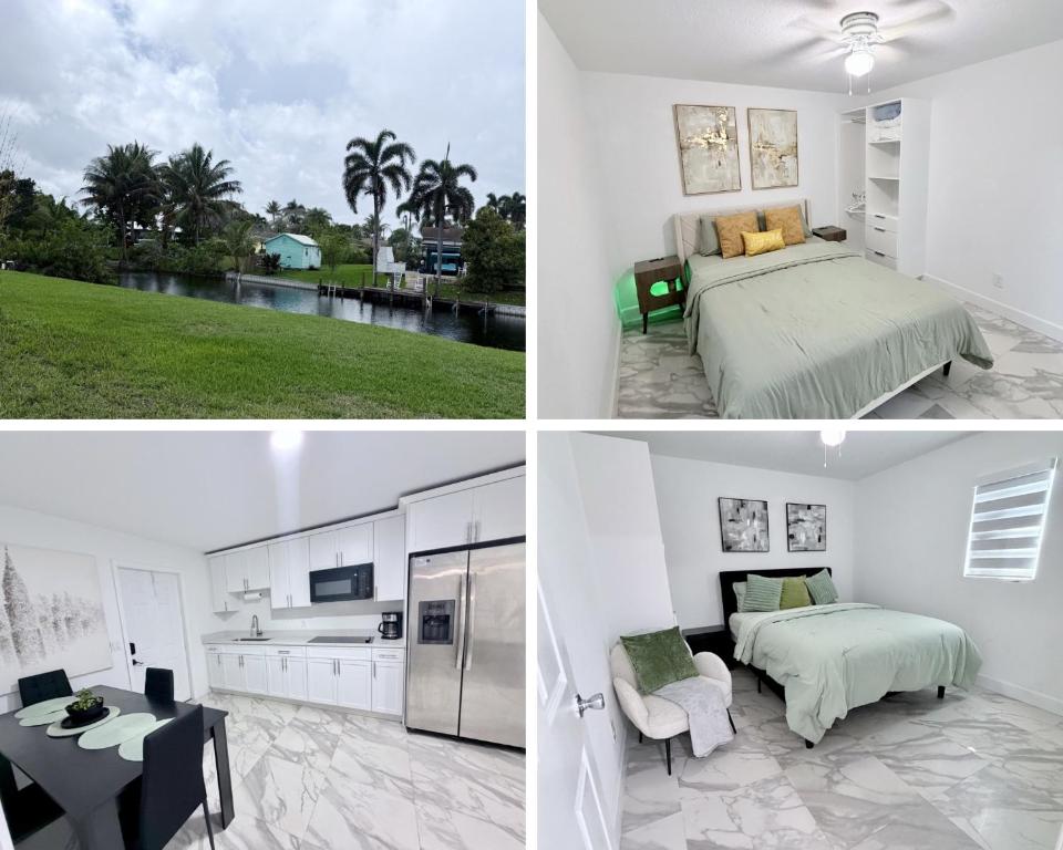 a room with two beds and a kitchen and a bedroom at 2 bed peaceful, lakeview studio NO FEES in Atlantis