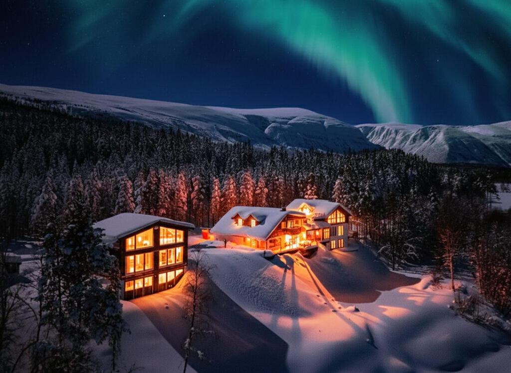 an image of a house under the northern lights at Reisa Lodge in Storslett