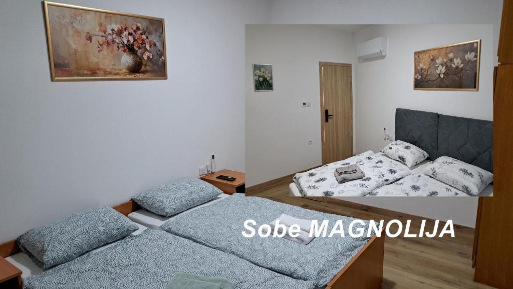 a bedroom with a bed and a couch at Sobe Magnolija, self check-in in Vinkovci