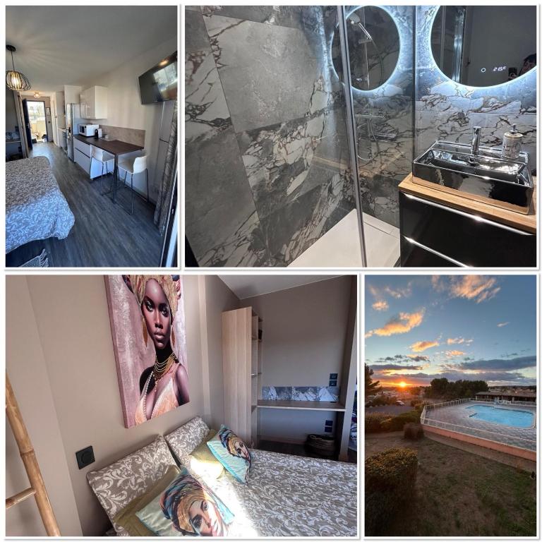 a collage of pictures of a room with a bathroom at Studio zen climatisé piscine parking in Balaruc-les-Bains