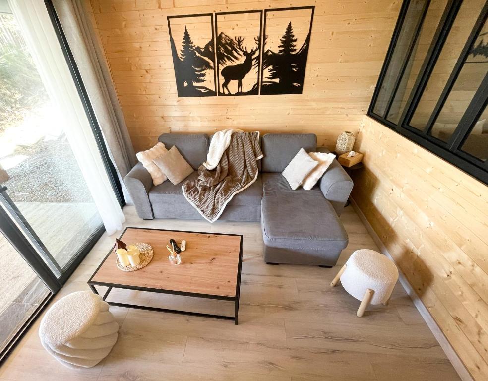 a living room with a couch and a coffee table at Le Chalet aux Biches in Bolquere Pyrenees 2000