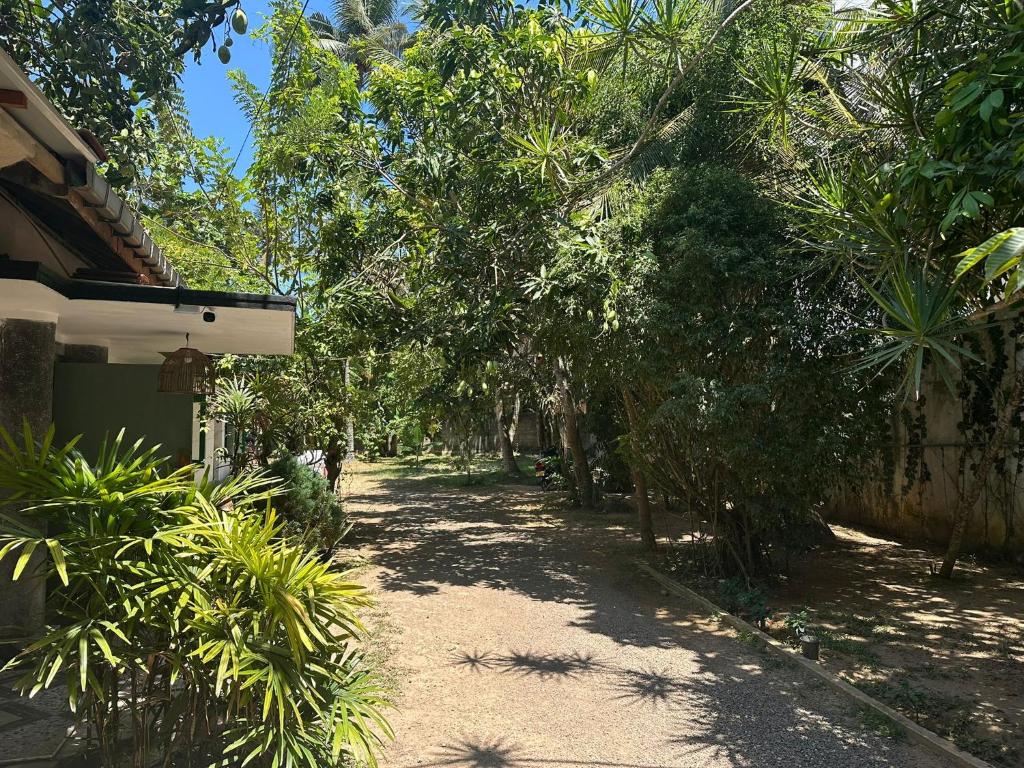 a dirt road next to a house with trees at Jungle Flower Town in Matara