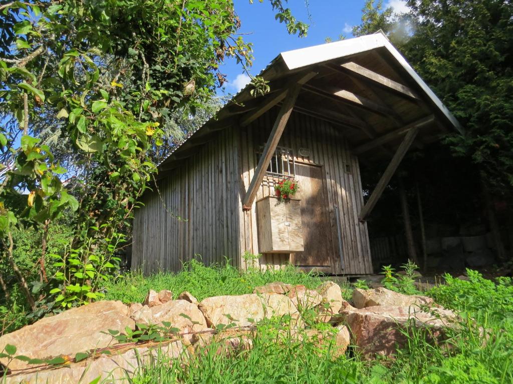 an old shed with a flower box on the front at Wildhütte Schinderhannes in Schwarzerden
