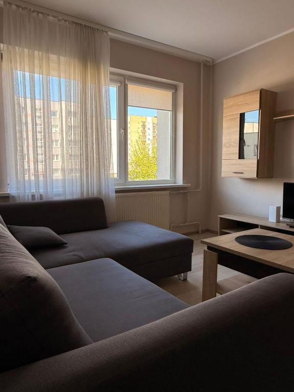 a living room with a couch and a table at Apartamentai Jonavoje #1 in Jonava