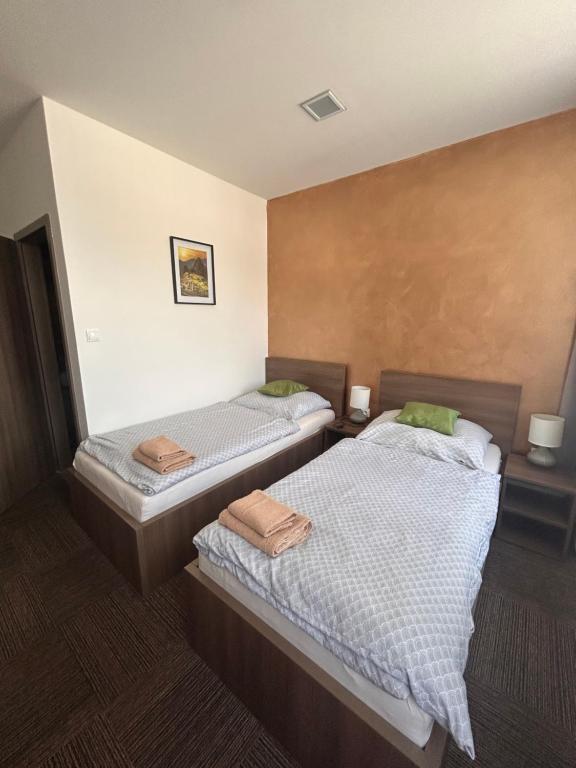 two twin beds in a room with at Penzion Teplanka in Považská Bystrica