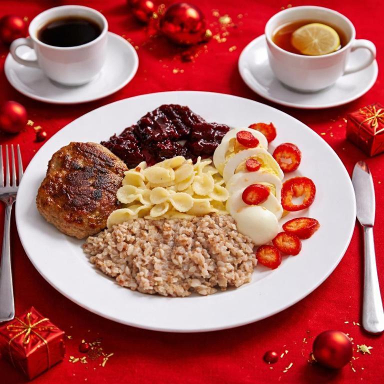 a plate of food on a table with cups of coffee at bed and breakfast in Akhaltsikhe