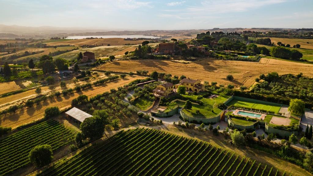 an aerial view of a vineyard with trees and houses at PODERINA DEI POGGI 12, Emma Villas in Castiglione del Lago