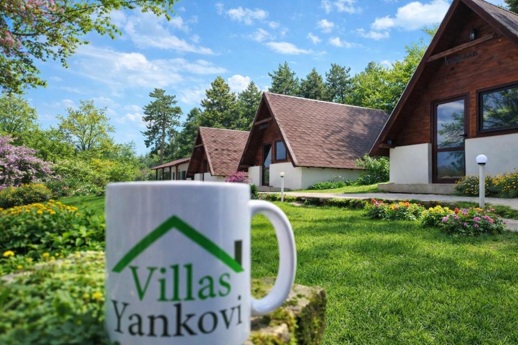 a coffee cup in front of a house at Вили Янкови in Dobri Dyal