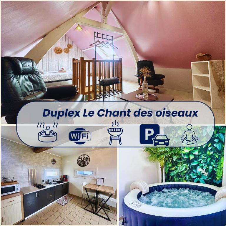 a collage of pictures of a room with a tub at Escapade détente Duplex cosy avec SPA Parking in Abbeville