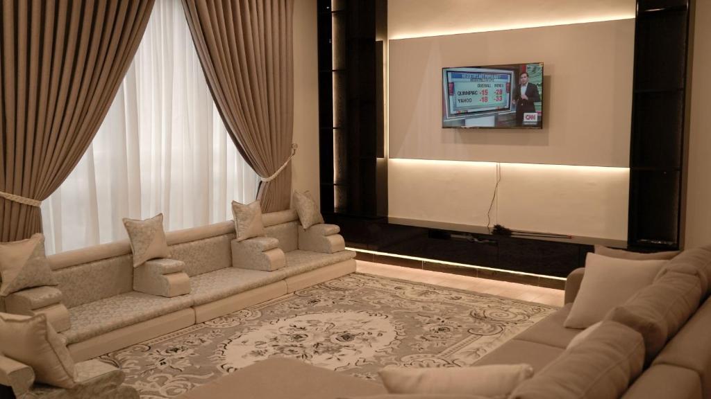 a living room with a couch and a tv at Sheba Palace Apartment in Addis Ababa