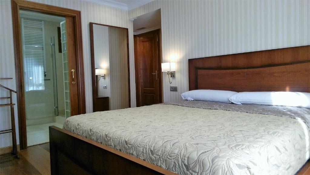 a bedroom with a large bed and a walk in shower at Apartamentos Gasteiz in Vitoria-Gasteiz