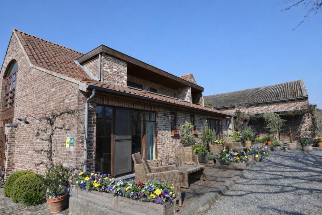 a brick building with potted plants in front of it at B&B Het Hof van Petronilla in Gooik