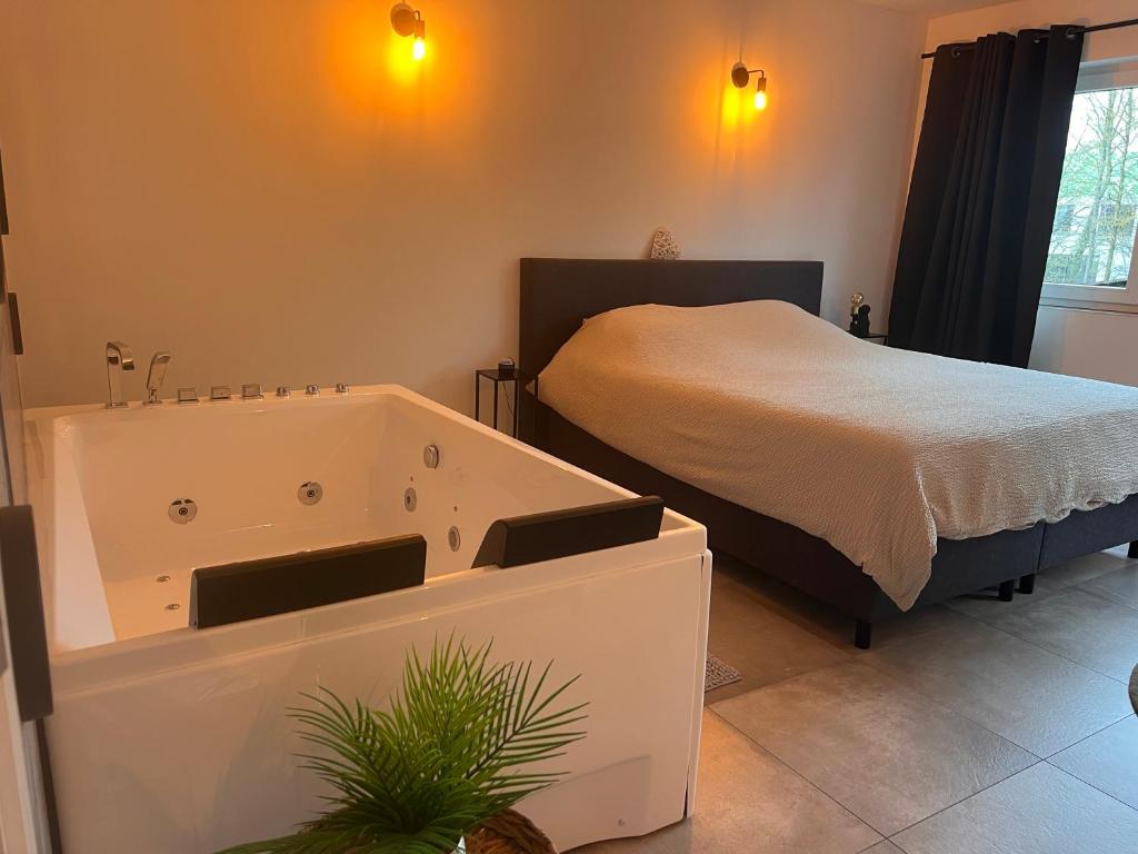 a bedroom with a bed and a bath tub at La Bouverie in Profondeville