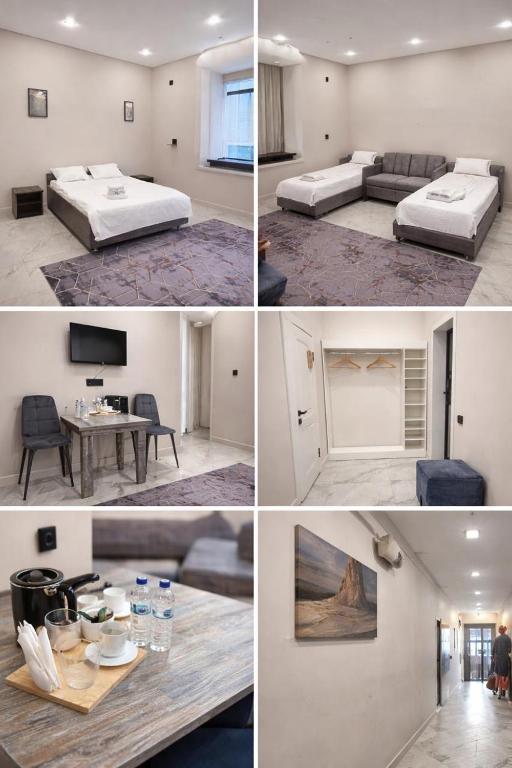 a collage of four pictures of a bedroom and a living room at Sherpa in Almaty