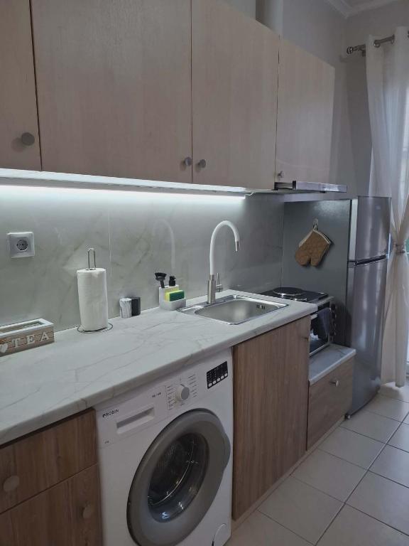 a kitchen with a washing machine and a sink at Studio Panos 2 in Mytilene