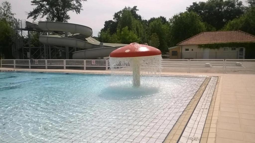 a fountain with a red mushroom in the middle of a pool at Camping 3 étoiles - ccbfgdc in Neuvic