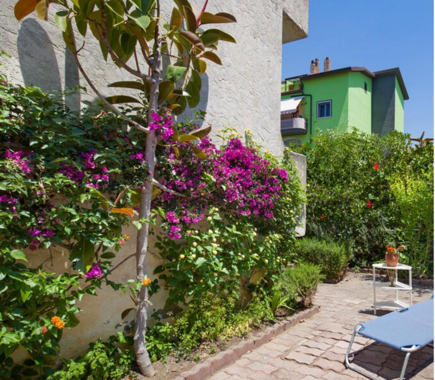 a garden with purple flowers next to a building at La Casa di Teresa in Scalea