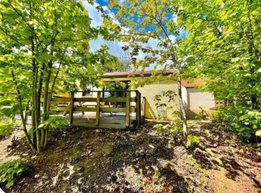 a house with a gate in a yard with trees at Chalet de la fée Marion et Alice in Virton