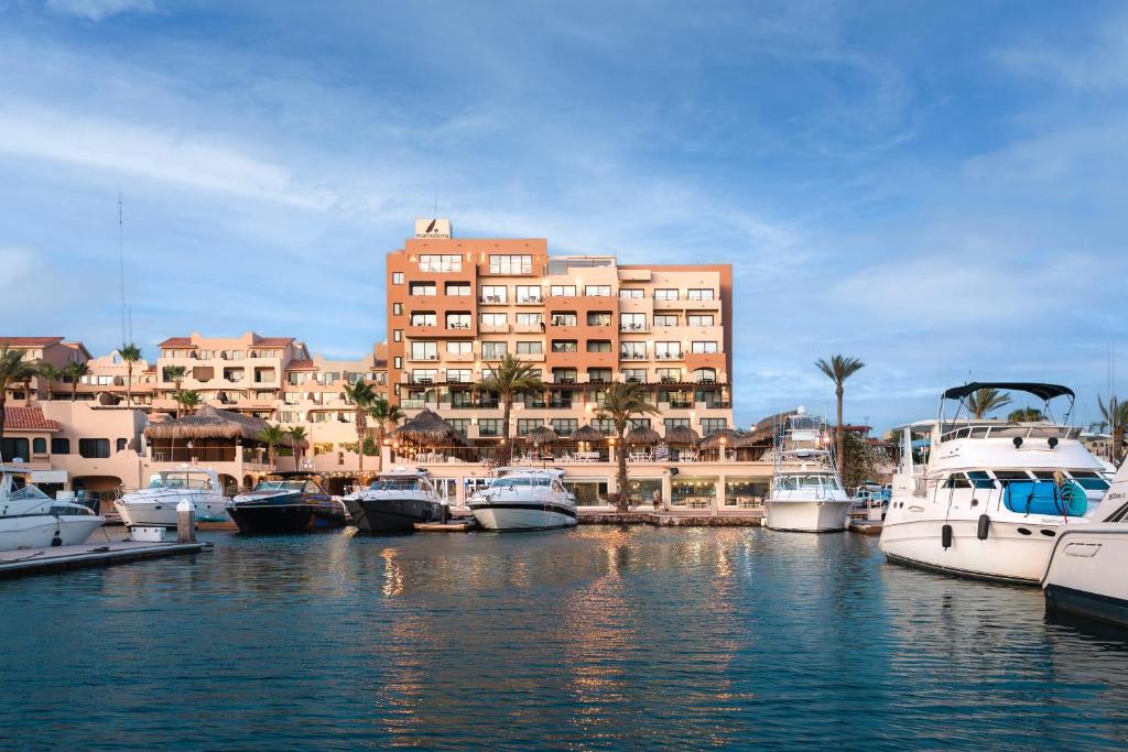 a group of boats docked in a harbor with a building at Marinaterra Hotel & Spa in San Carlos