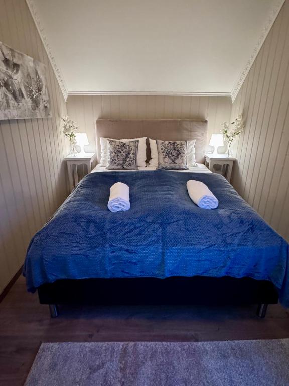 a bedroom with a blue bed with two pillows at Villa Utsikten Romsdalen in Åndalsnes