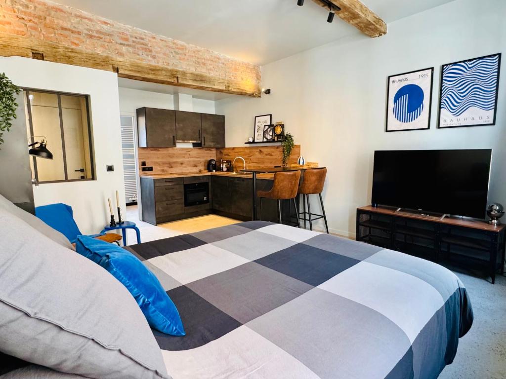 a bedroom with a large bed and a television at DinLoft in Dinant