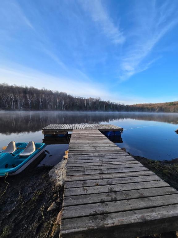 a dock with a boat on the shore of a lake at The Beaver Den in Haliburton