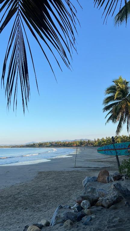 a beach with a palm tree and a surfboard at Casa Esmeralda in La Huerta
