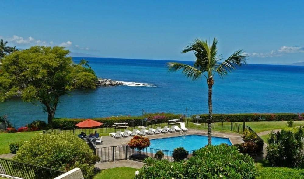 a swimming pool with a palm tree and the ocean at Peaceful Ocean-View 2BR Loft Escape - Unit C38 condo in Lahaina