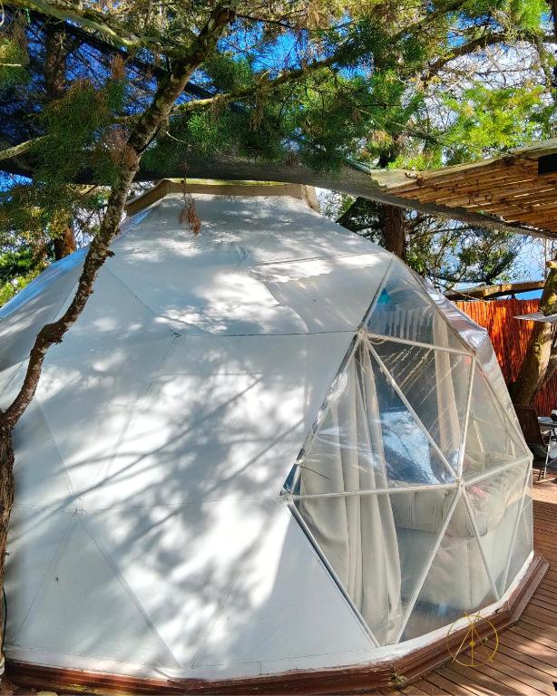 a white tent sitting on a deck under a tree at Omghat Glamping - Domo Ganesha in El Peñol