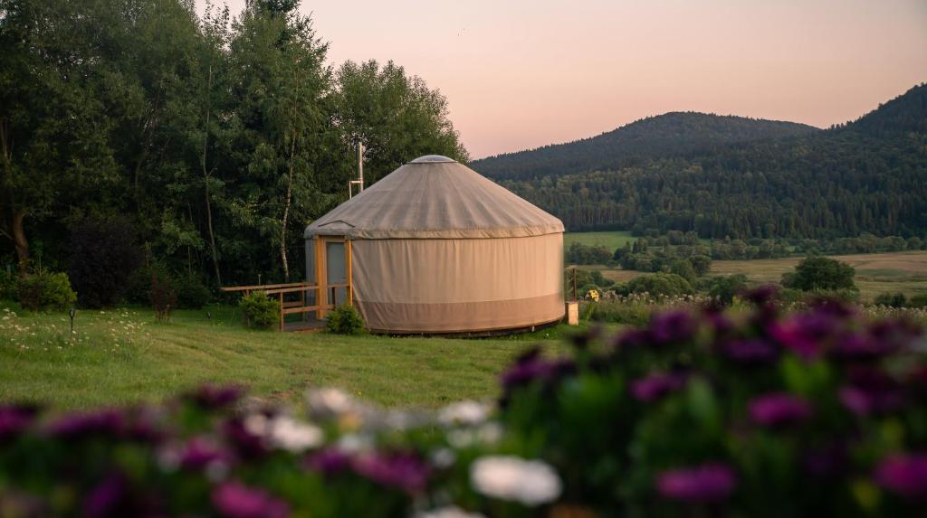a yurt in the middle of a field with flowers at Jurty nad Sanem in Lutowiska