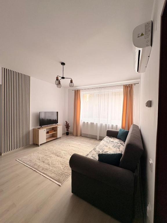 a living room with a couch and a television at Comodo Apartment in Turda