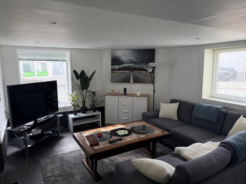 a living room with a couch and a coffee table at Arendal Sentrum Ro in Arendal