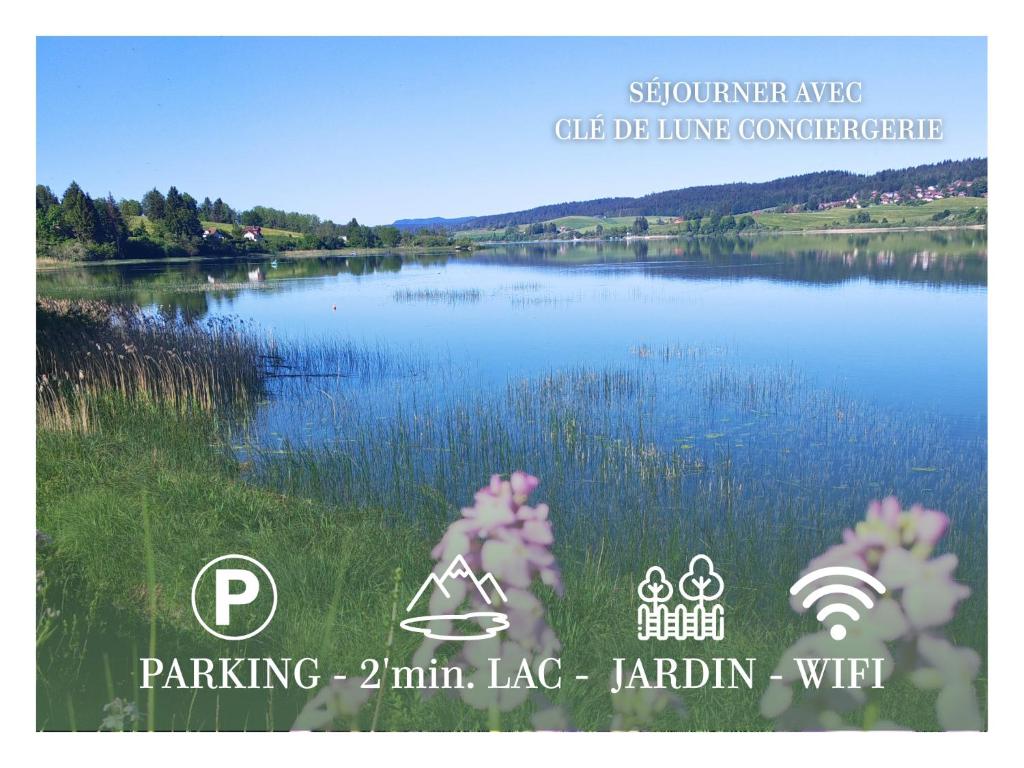 a picture of a lake with flowers in the foreground at Au Coin des Souvenirs in Malbuisson