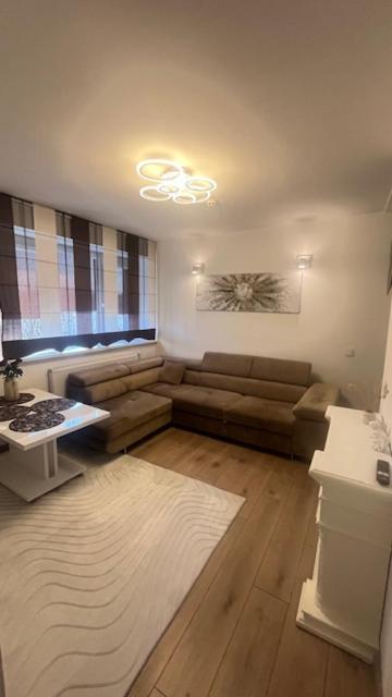 a living room with a couch and a table at Čiurlioniada Apartment in Druskininkai