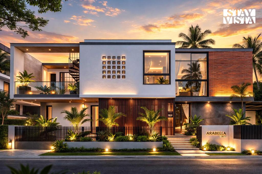 a rendering of a villa at night at StayVista at Arabella with Pool & Lawn in Colva