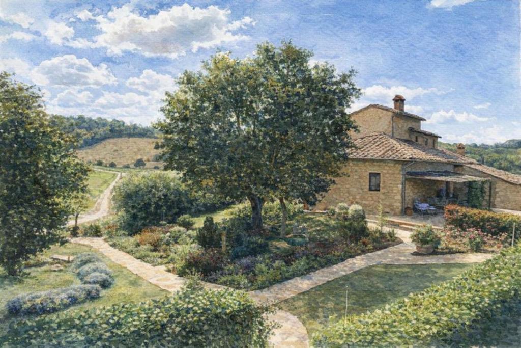 a painting of a house with a garden at Agriturismo Podere La Paolina - Residenza di Charme in Montefollonico