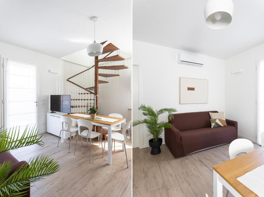 two images of a living room and a dining room and kitchen at Maison Bellini 4 in Toscolano Maderno