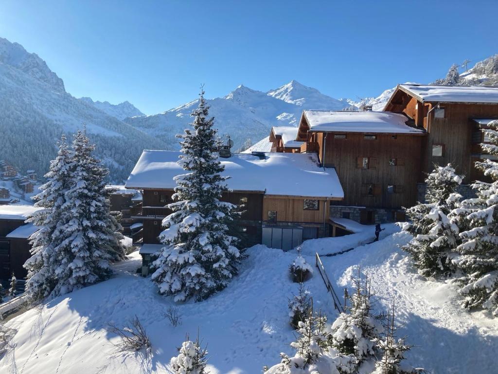 a house in the snow with trees and mountains at Duplex Méribel Mottaret 8 personnes in Les Allues