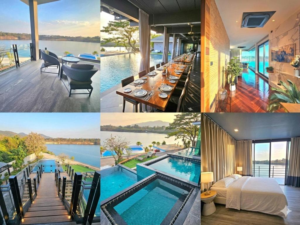 a collage of pictures of a hotel with a pool at The Lakeside Sanctuary in Ban Mae Cho