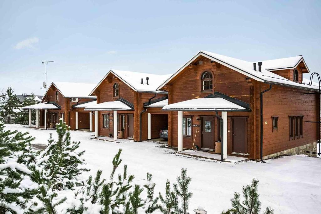 a group of wooden houses in the snow at Päijänteen Helmi 2 in Jämsä