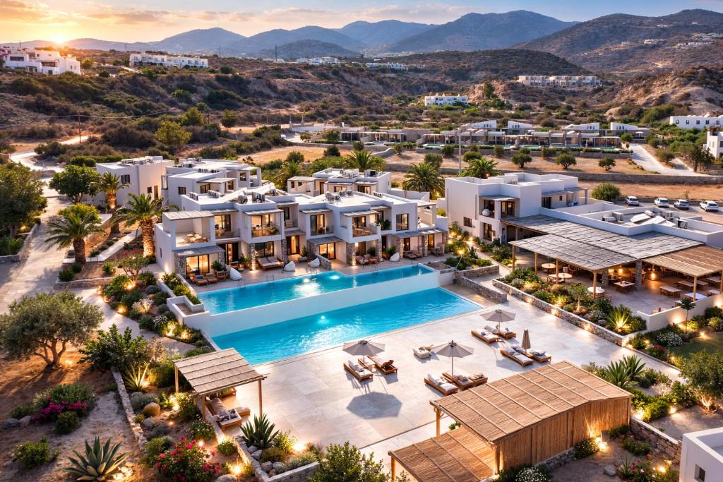 an aerial view of a villa with a swimming pool at Helios Beach Hotel & Bungalows in Karpathos