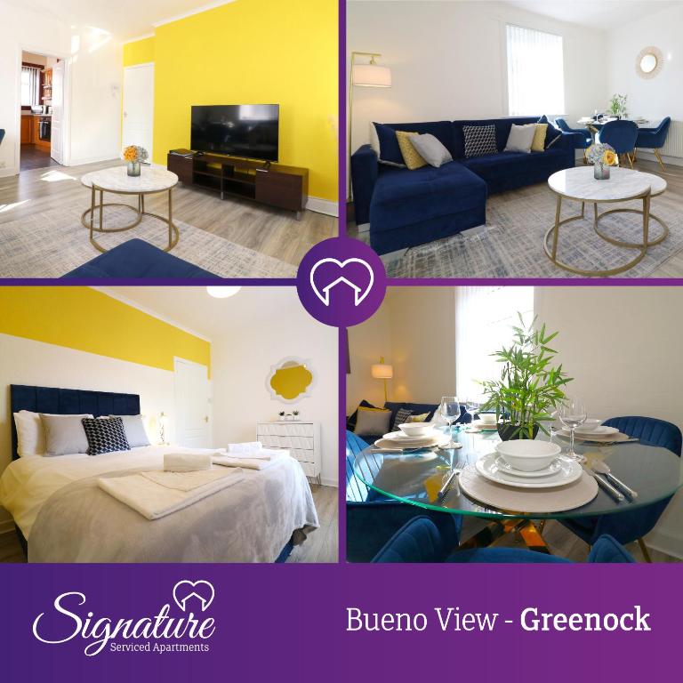 a collage of photos of a living room and a bedroom at Signature - Bueno View - Greenock in Greenock