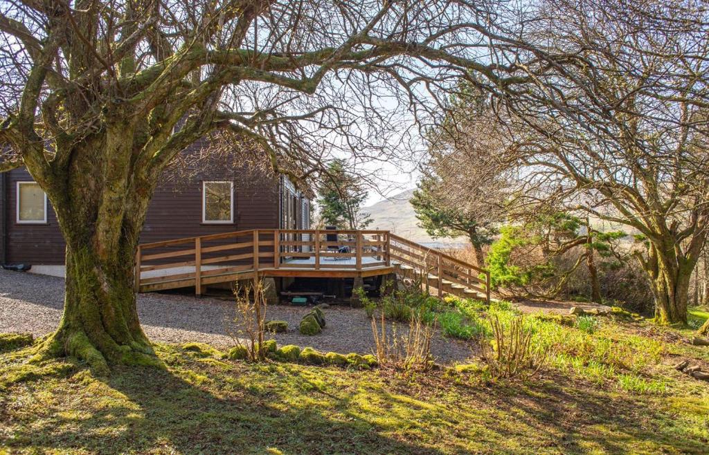 a house with a large wooden deck next to a tree at The Blue Lobster in Drynoch