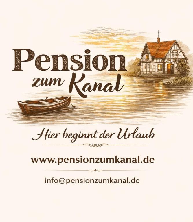 a painting of a house and a boat on the water at Pension zum Kanal in Burg bei Magdeburg
