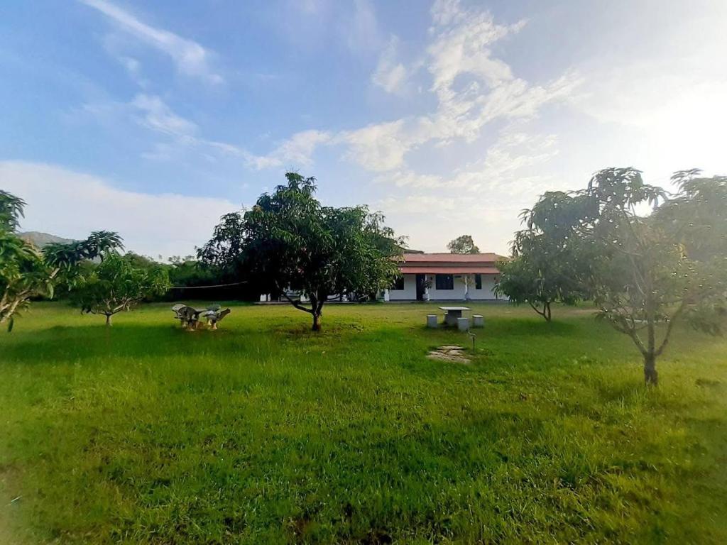 a park with a bench in the middle of a field at Flourish holiday resort in Kataragama