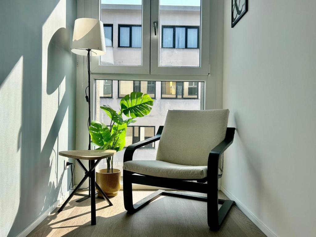 a chair in front of a window with a plant at Bressanone Apartments in Milan